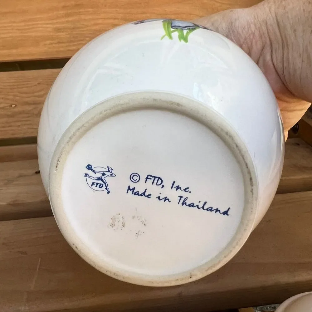 Vintage FTD white ceramic ginger jar blue butterflies